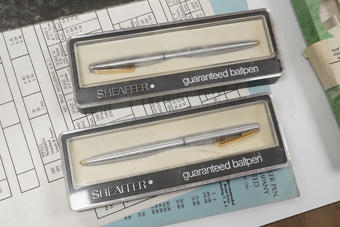 A folder of Parker and Sheaffer pens and ball pens, mostly boxed and a Parker Pen box containing eight items